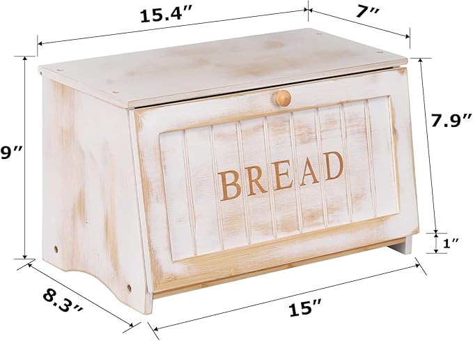 HOMEKOKO Vintage Large Wood Bread Box for Kitchen Counter, Retro Design Single Layer Bamboo Large Capacity Food Storage Bin (White)