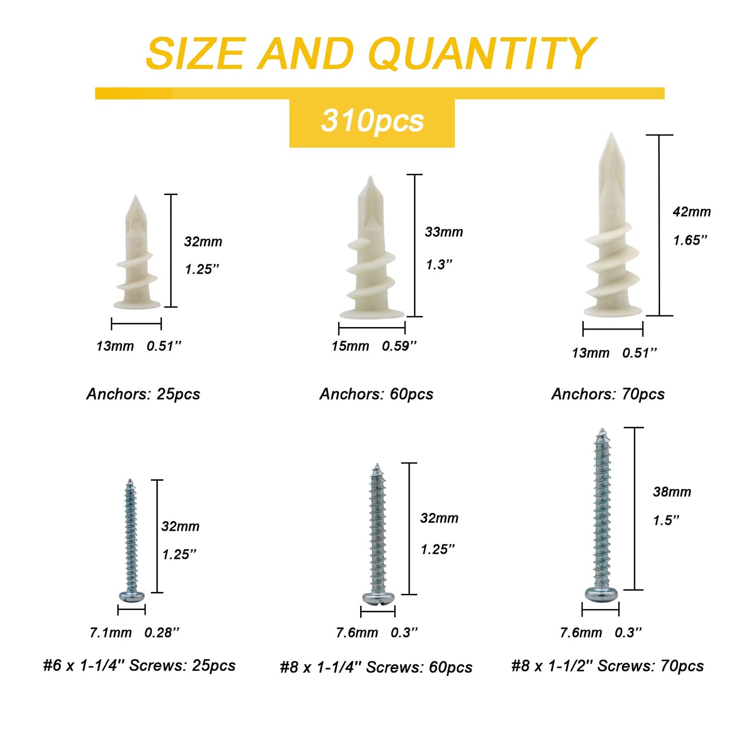 Kevinrooty 3 Sizes Self Drilling Drywall Anchors, 310PCS Nylon Plastic Wall Anchors and Screws for Drywall, No Pre Drill Hole Preparation Required,13x32mm,15x33mm,13x42mm