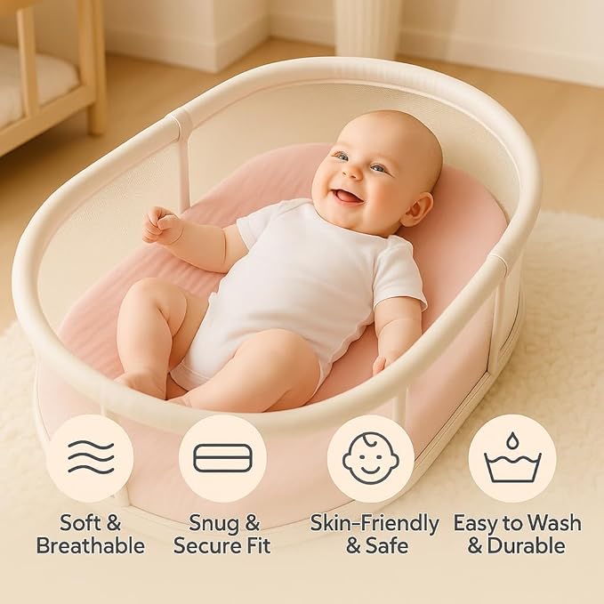 Muslin Bassinet Sheets Set of 2 Large Size 33x17 Pink & Beige Baby Bassinet Sheets, Soft Breathable Fitted Sheets for Bedside Sleeper, Gentle on Baby Skin, Stays Tight & Won’t Bunch Up