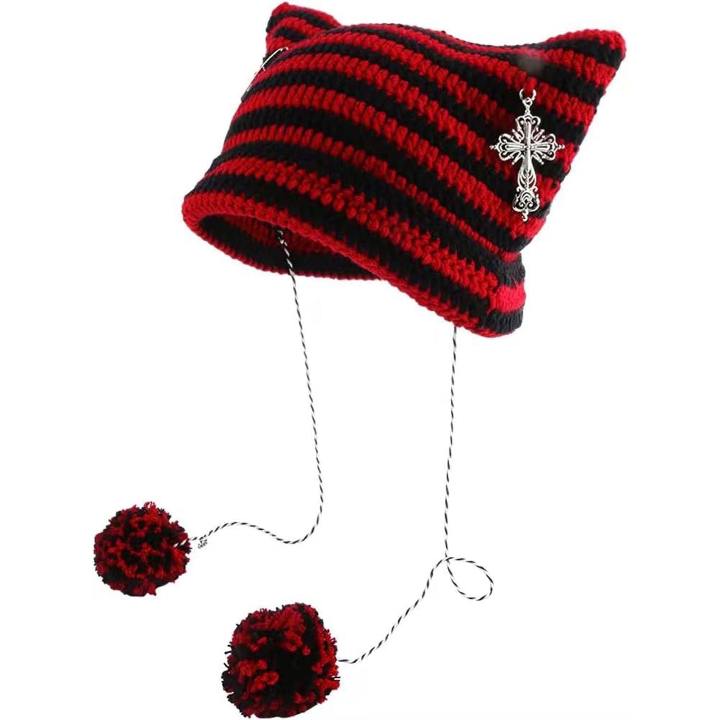 Y2k Beanies Crochet Knitted Cat Hats Goth Cross Devil Hat Striped Alt Emo Accessories Grunge Y2k Aesthetic Clothes (Red,One Size)