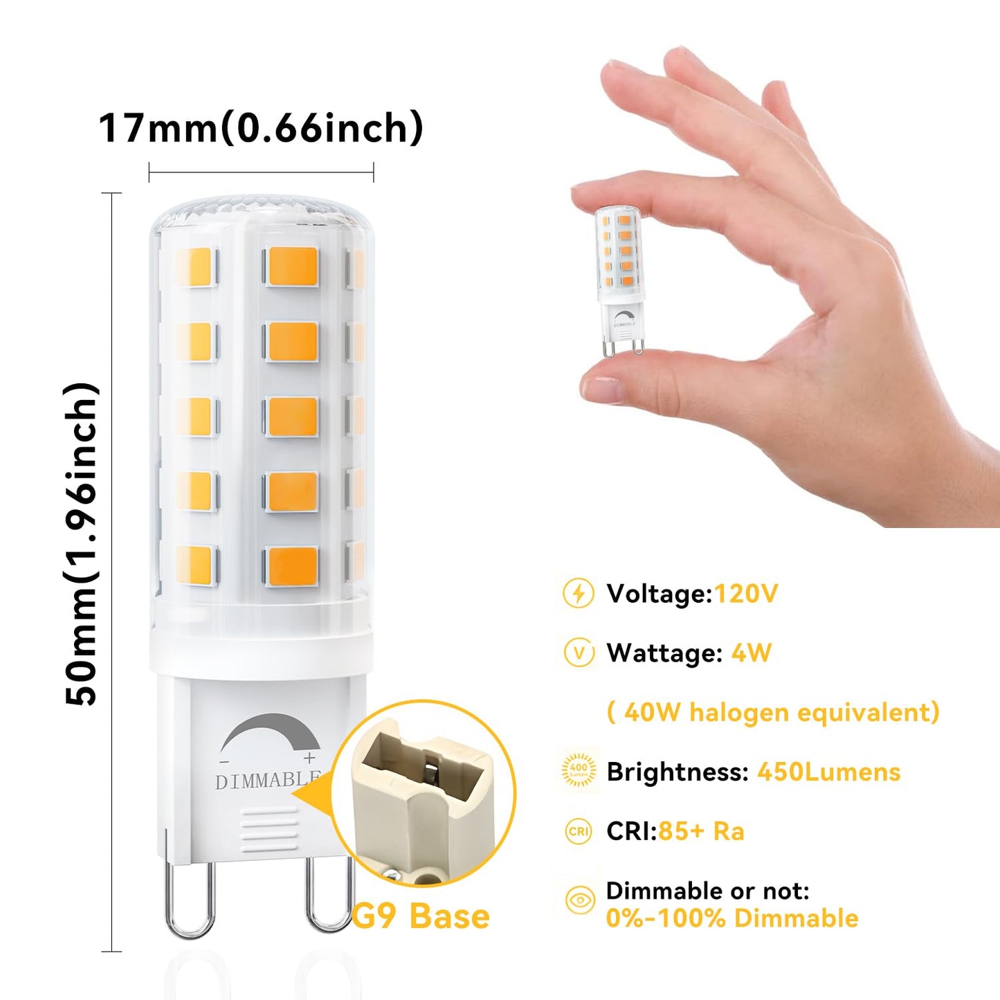 TJOY 12 Pack Dimmable G9 LED Bulb 4W Equivalent 40 Watt, 3000K Soft Warm White, T4 G9 Bi-pin Base Halogen Replacement, G 9 Socket Light Bulb for Chandelier Wall Sconce, 120V No Flicker, 450LM