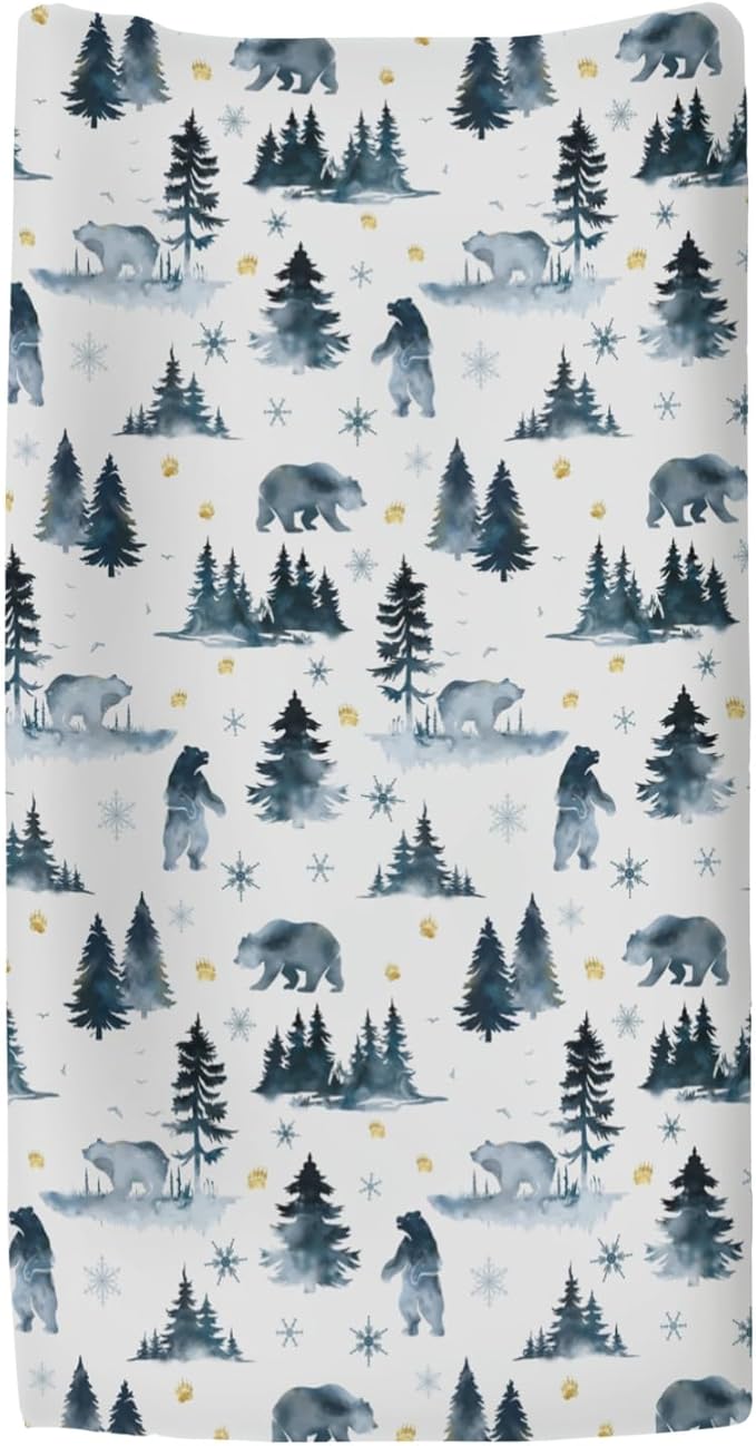 Watercolor Bear Winter Changing Pad Covers for Baby Girls Boys Pastel Bear Pine Trees Snowflakes Tracks Fitted Change Table Pad Mats Wild Animals Adventure Soft Diaper Changing Pad Sheets 32''×16''