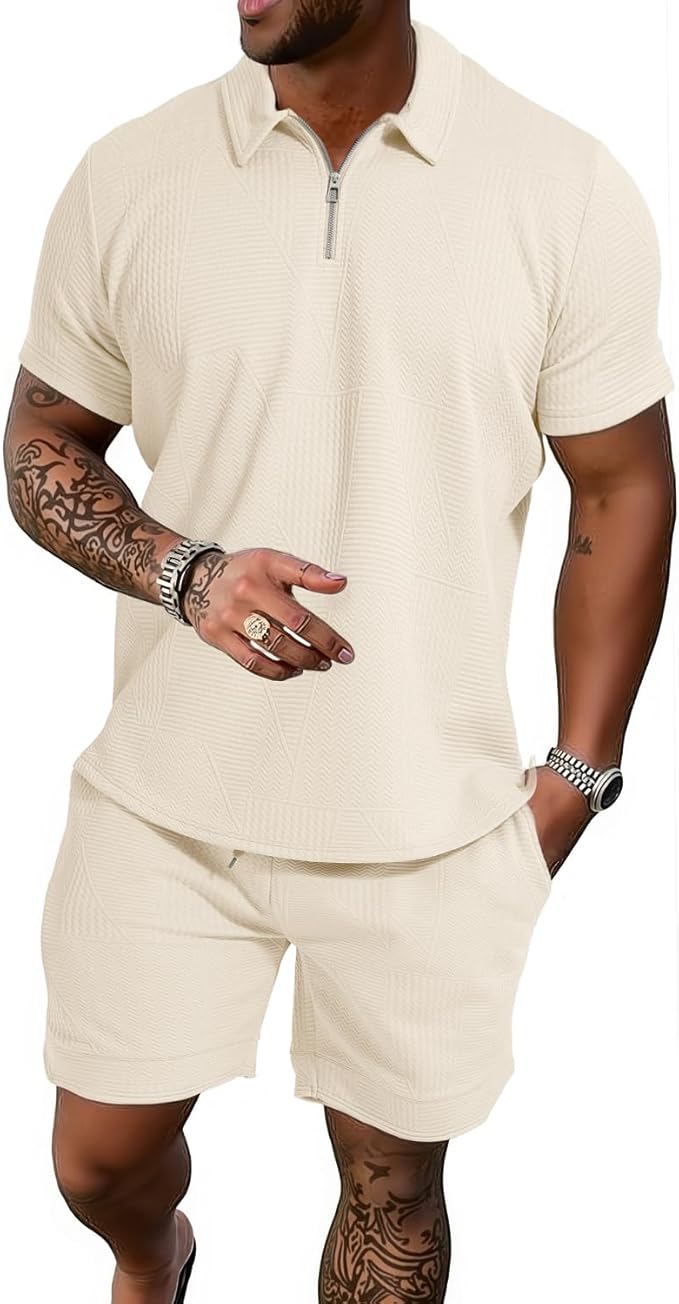 GYMELITE Men's 2 Piece Short Sets Outfits Summer Polo Shirts and Shorts Casual Zip Short Sleeve Fashion Shorts Tracksuit Set