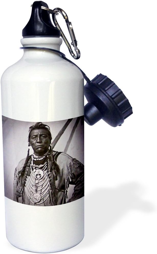3dRose "Two Guns Calf Blackfoot Indian Chief Profile on Buffalo Nickel Grayscale" Sports Water Bottle, 21 oz, White