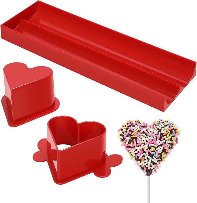 Heart Cake Pop Mold Set with 9 Inch Tray and Sticks, Circle Cake Pop Cutter and Pusher, Baking Molds Kit for Parties, Wedding,Home Desserts Making - Red