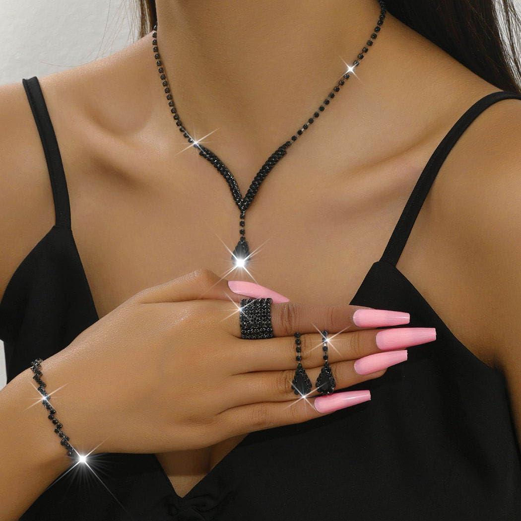 Unicra Black Jewelry Sets Prom Formal Rhinestone Necklace Earrings Bracelet Ring Set Bridal Wedding Indian Costume Jewelry for W
