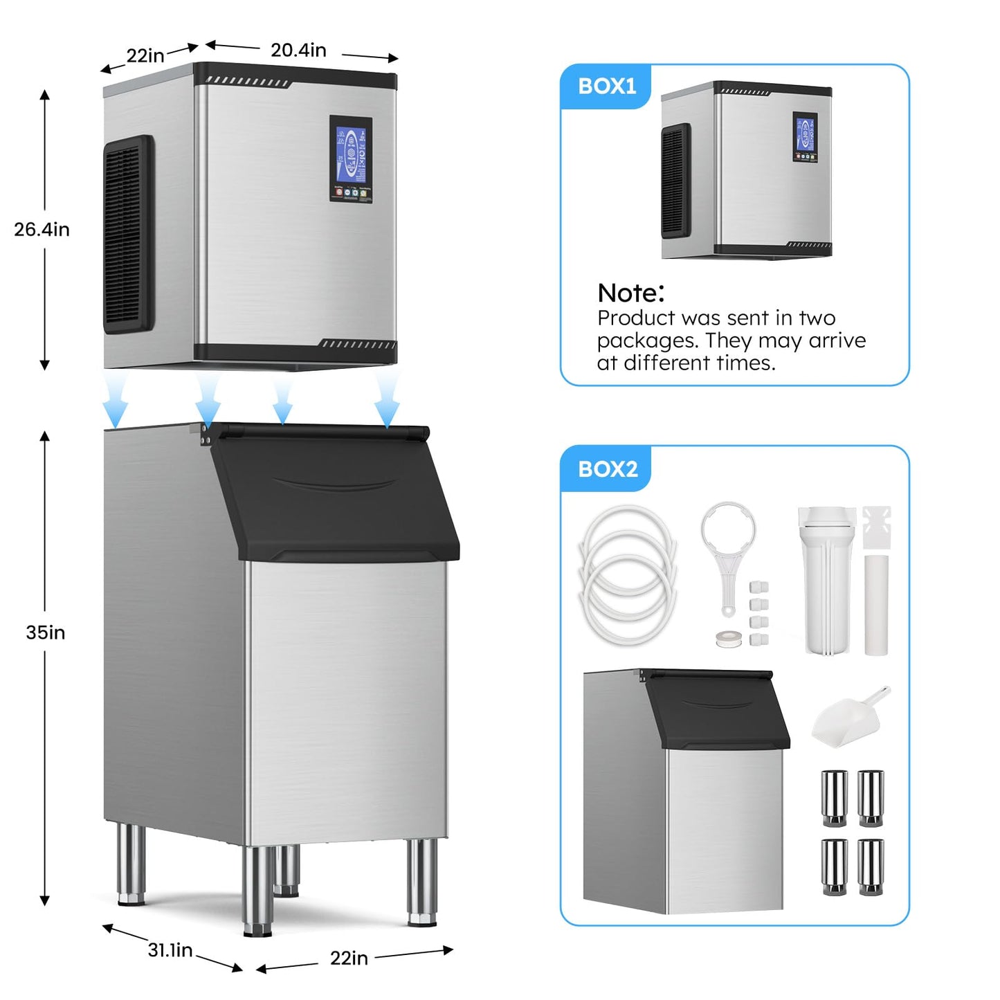 Commercial Ice Machine 850LBS/24H,Storage 460LBS,Large Industrial Ice Maker,Ice Ready in 5-15min,with Self-Cleaning Mode,with Timing Function,30 Levels of Ice Thickness Adjustment,Stainless Steel