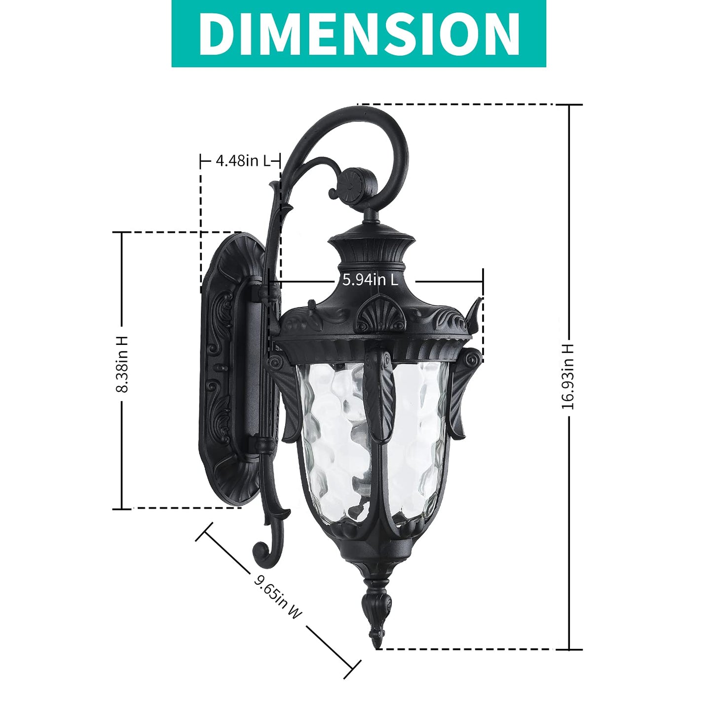 Lonedruid Outdoor Wall Light Fixture, Black Aluminum Sconce, 16.93”H Waterproof Lantern With Hammered Glass Shade For Porch