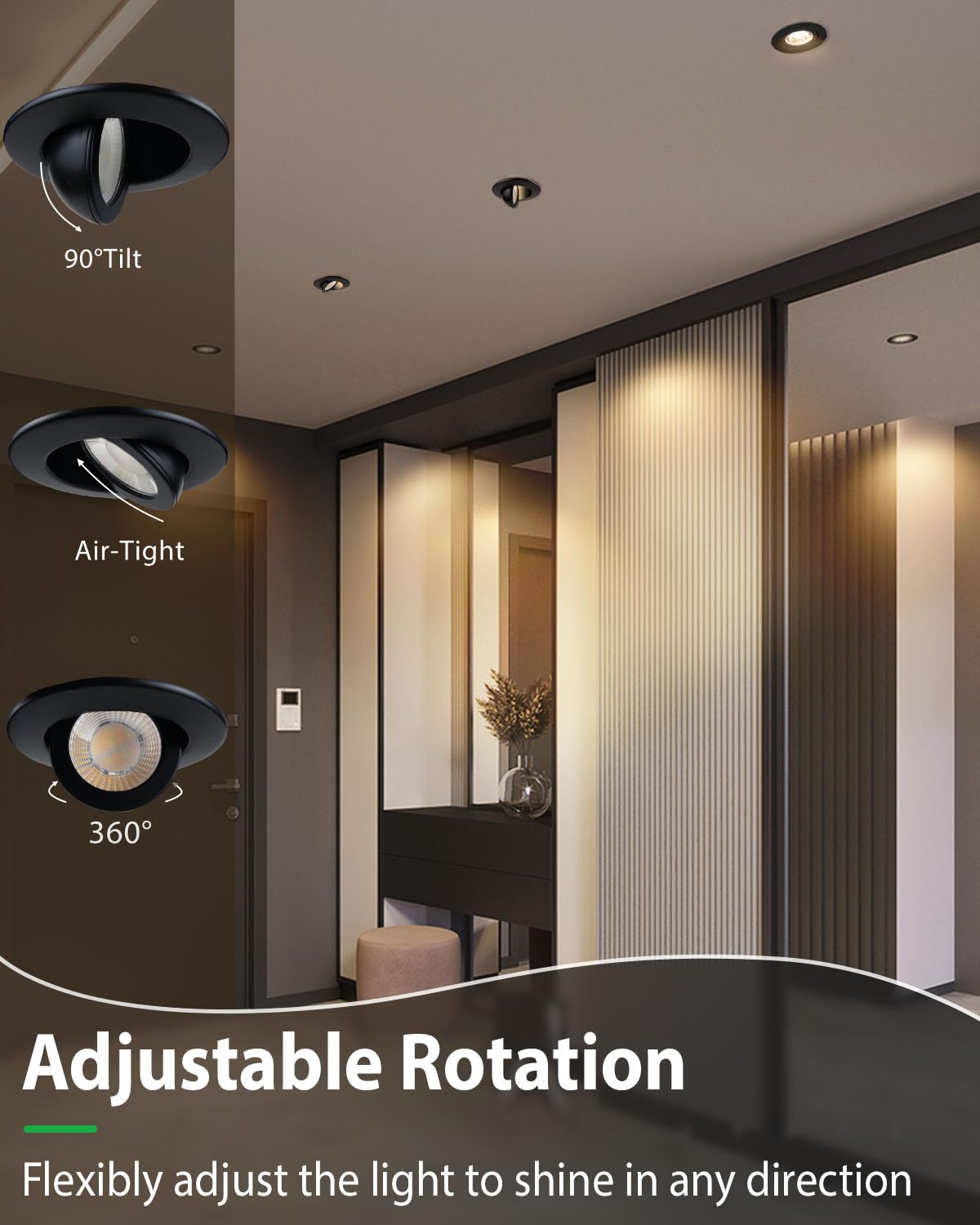 Zouzai 3 Inch Gimbal Black Led Recessed Lighting  360+90 Adjustable Directional Led Recessed Lights  2700K/3000K/3500K/4000K/5000K Dimmable Retrofit Eyeball Can Lights With Jbox Etl (Black  1 Pack)
