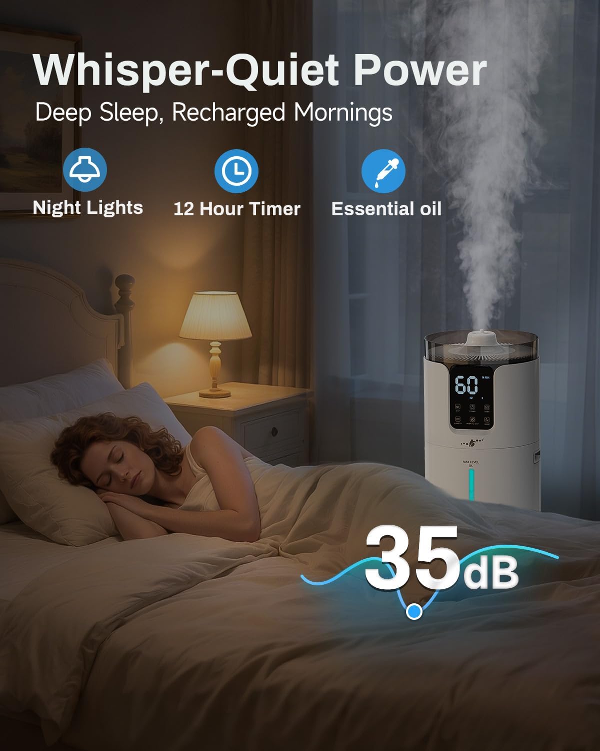 Humidifier Large Room, 4.2 Gal/16L Large Humidifier for 1500 sq.ft, 360° Nozzles Cool Mist Ultrasonic, Top Fill Tower Humidifiers for Bedroom Office Plant wholehouse with Extension Tube, Night Light