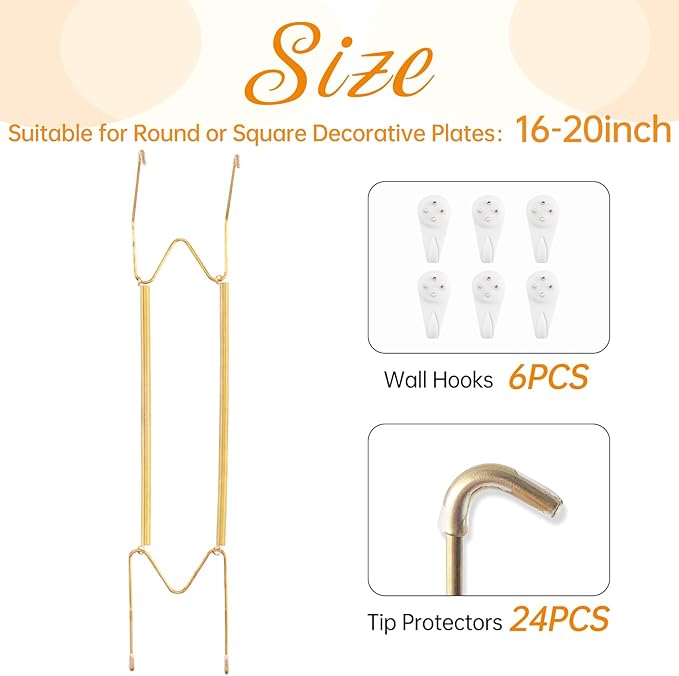 6 Pack Plate Hangers for The Wall, Suitable for 16-20 inch Art Plate, Stainless Steel Invisible Heavy Duty Wire Plate Holder with Wall Hooks, Plate Hangers for Displaying Plates, Platter, Dish, Gold