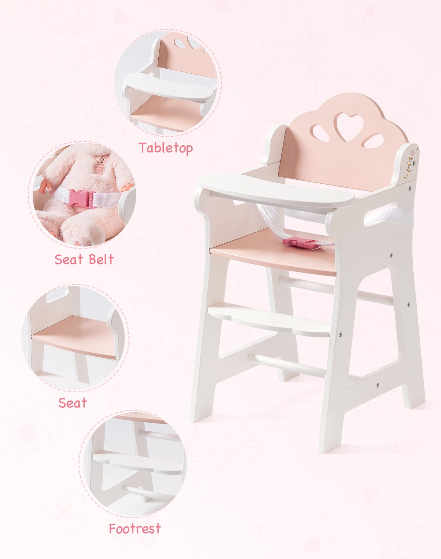 ROBUD Baby Doll High Chair, Pretend Play High Chair with Seat Belt, White Wooden Baby Doll Accessories with Movable Tabletop, Fits 18-20 Inch Dolls, WRP27
