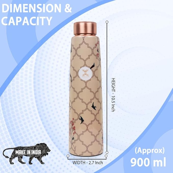 Copper Water Bottle A Handmade Ayurvedic Enameled Print Pure Copper Water Bottle For Drinking - Increase Your Water Consumption, and Experience Immediate Health Benefits (ENAMELED PRINT 5)