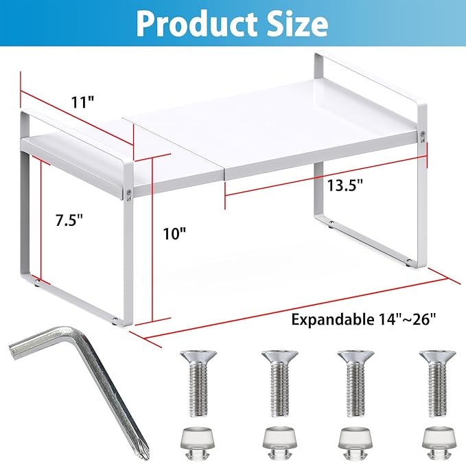 11'' Wide Expandable Cabinet Shelf Organizer Rack Adjustable Length 14''-26'' Pantry Shelf Spice Rack Heavy Duty Nonslip Kitchen Counter Storage Shelves Pantry Cupboard Under Sink Countertop, White