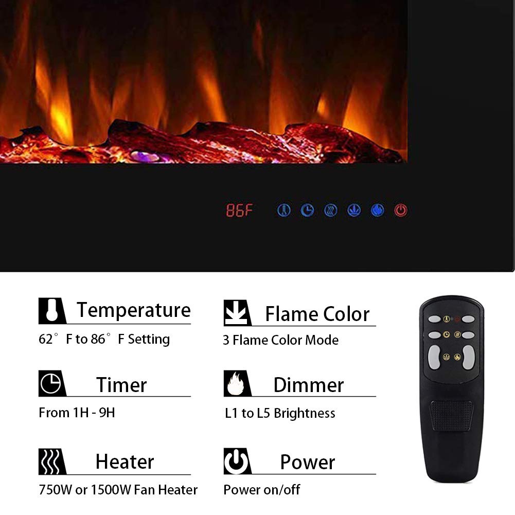 Masarflame 60 Recessed Electric Fireplace Insert, 5 Flame Settings, Log Set Or Crystal Options, Temperature Control By Touch Pan