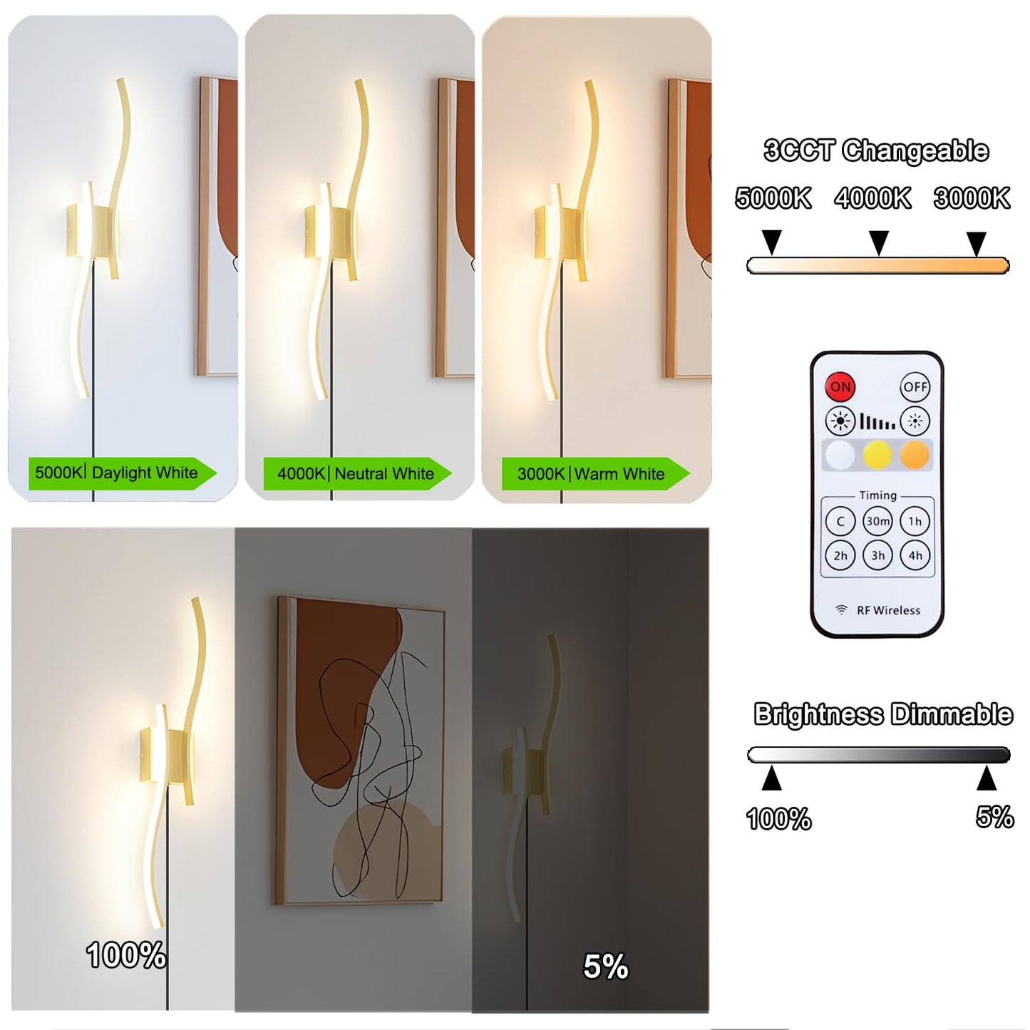 Daunton Wall Sconce Set of 2, Gold Dimmable LED Light, 27.5in Plug-in, Remote Control, 3CCT Adjustable, Model DX25021G-