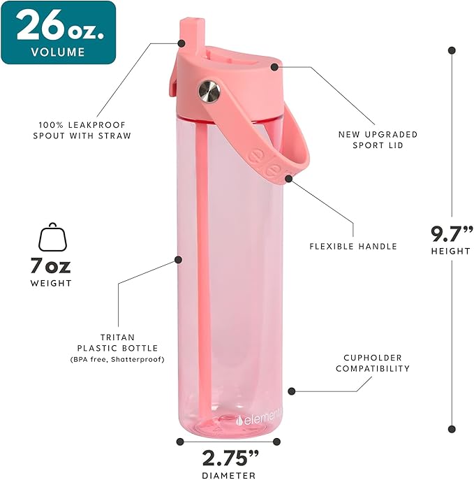 Elemental Splash Water Bottle with Straw - BPA-Free Tritan Plastic Reusable Water Bottle with Strap - Ideal for Travel, Gym and Sports - Leak Proof when Spout is Closed - 26oz - Rose