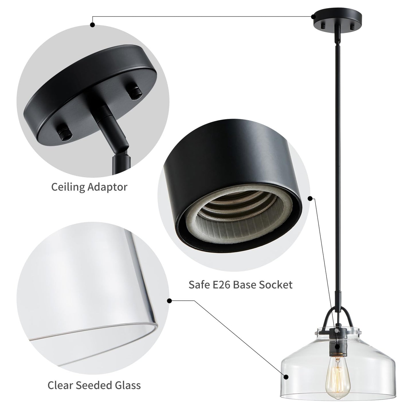 Wuzups Rustic Industrial Chandelier Pendant Light Fixture, Black Metal, 9.4H X 10.6W, E26 Base, Clear Glass Shades For Dining Room, Kitchen, Foyer