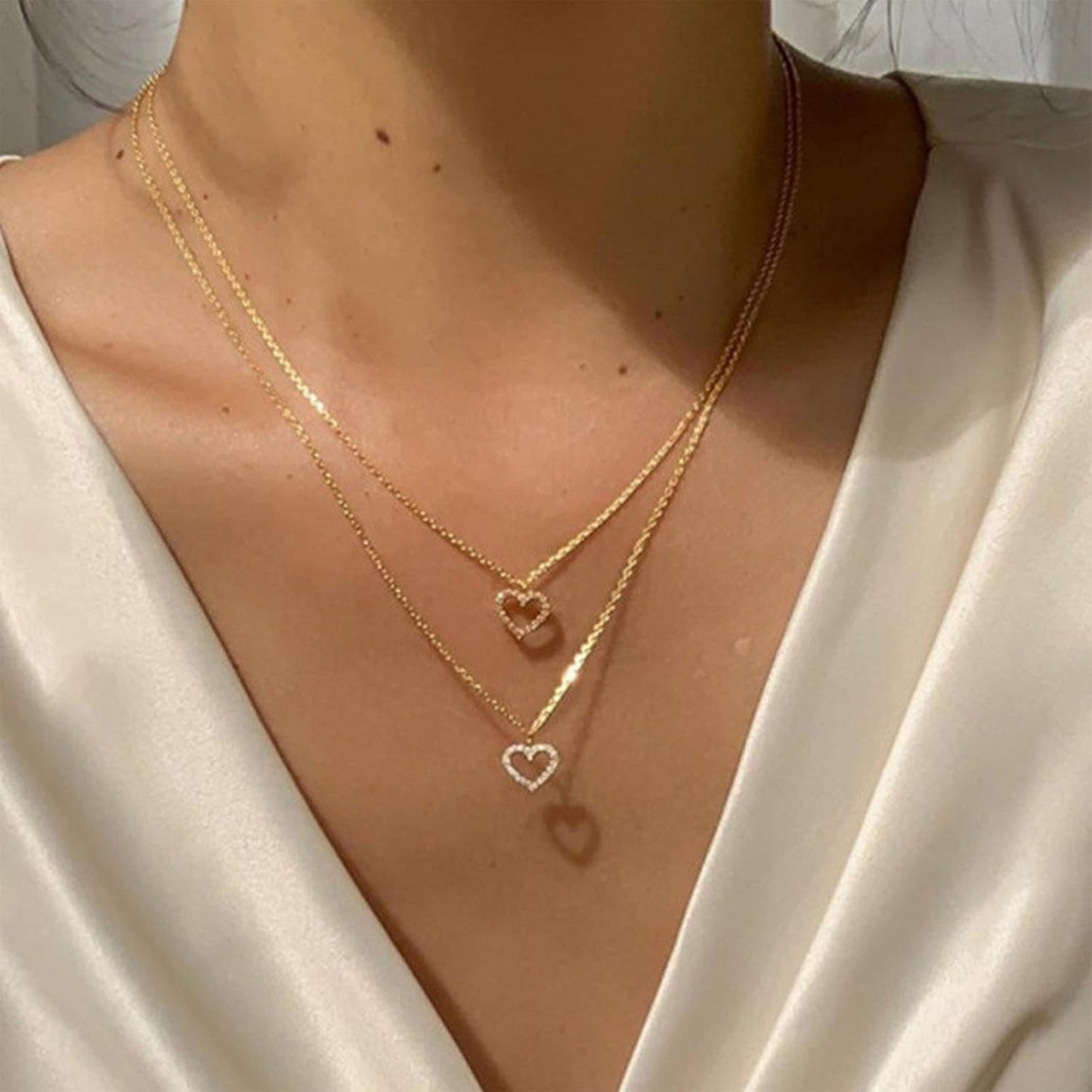 Boho Layered Heart Choker Necklace Crystal Heart Pendant Necklace Gold Double Heart Necklace Cz Open Heart Necklace Chain Jewelry for Women