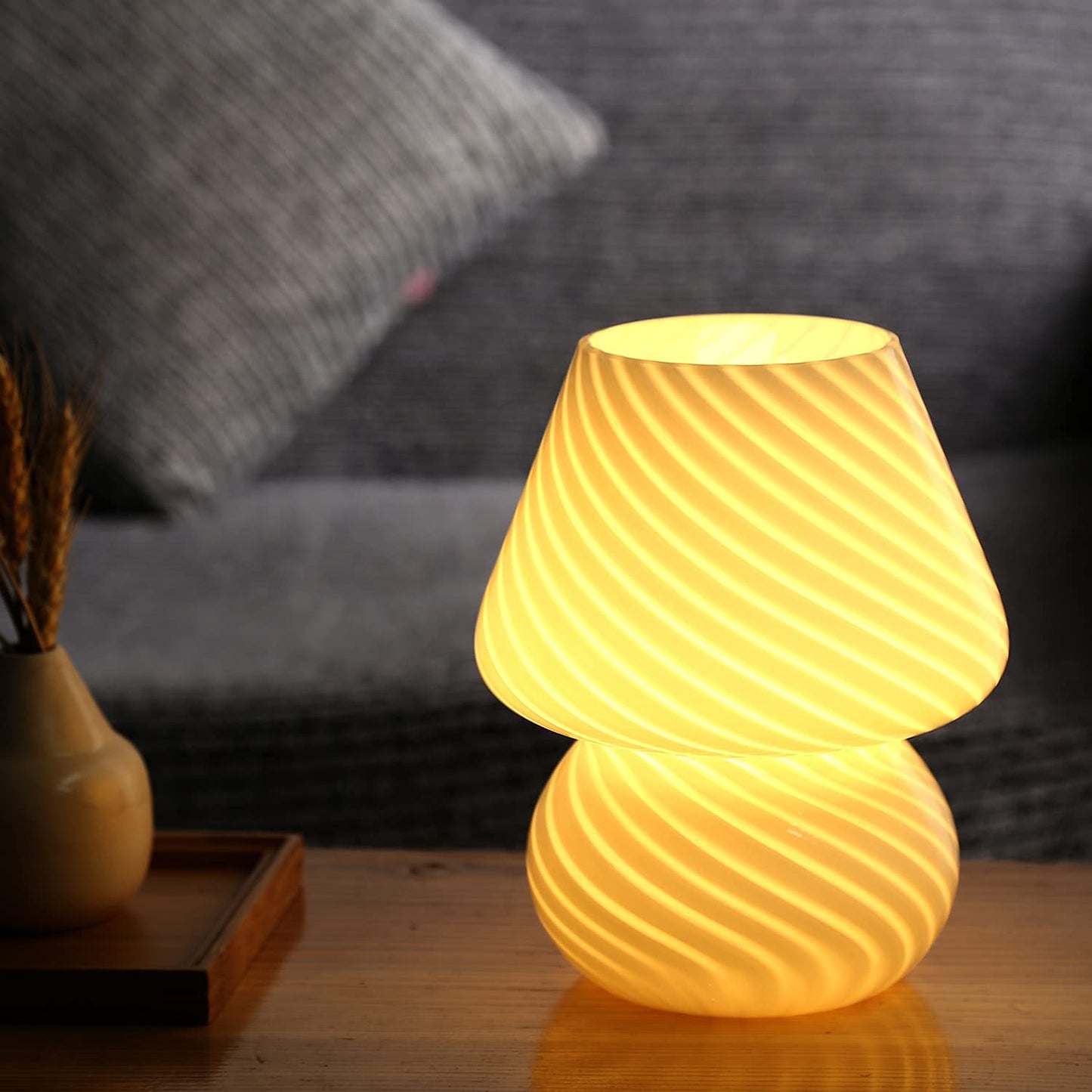 BSOD Mushroom Lamp - Glass Table Bedside Light, Cute Small, Stripe White, Murano Vintage Style, Model Bsod-SW-Mushroom-Lamps