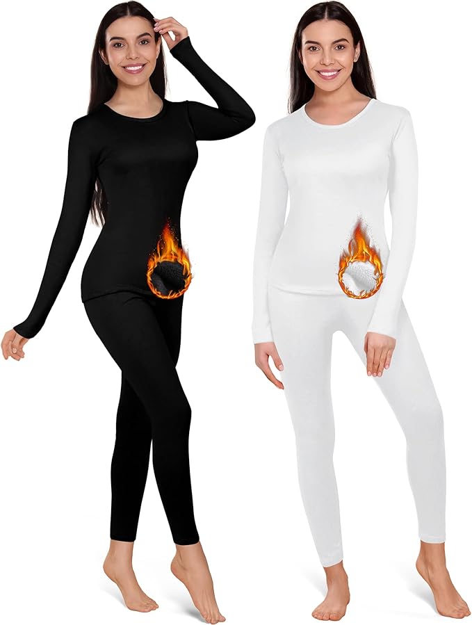 Patelai 2 Set Thermal Underwear Warm Fleece Lined Thermal Leggings and Womens Thermal Tops Base Layer for Winter Cold Weather