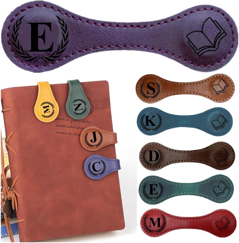 Personlized Magnetic Leather Bookmarks with Initials, Customized Book Marks Clip 26 Letters Bookmark for Reading Women, Men, Kids,Cute Book Markers Meaningful Gift for Book Lovers (Purple, E)