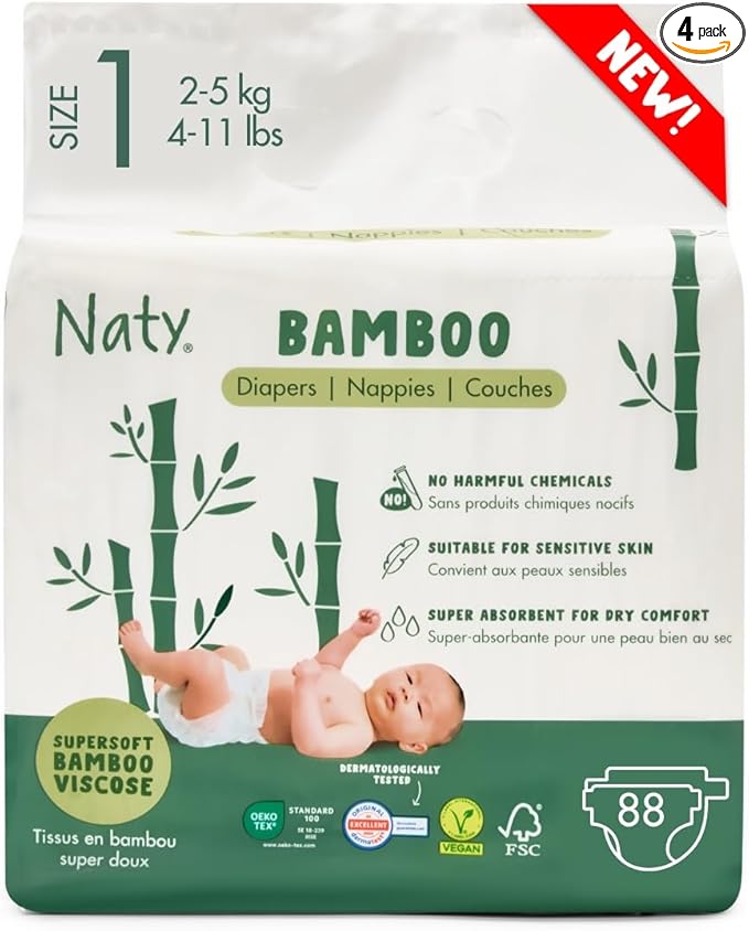 Naty Bamboo Viscose Baby Diapers – Silky Soft, Plant Based, Dermatologically Tested for Sensitive Skin & Super Absorbent (Size 1, 88 Count)