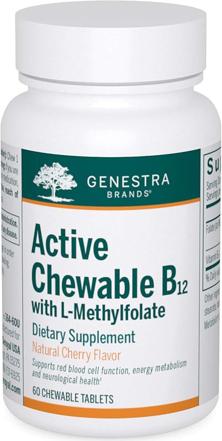 Genestra Brands Active Chewable B12 with L-Methylfolate | Chewable Vitamin B12 and Folate Supplement | 60 Chewable Tablets...