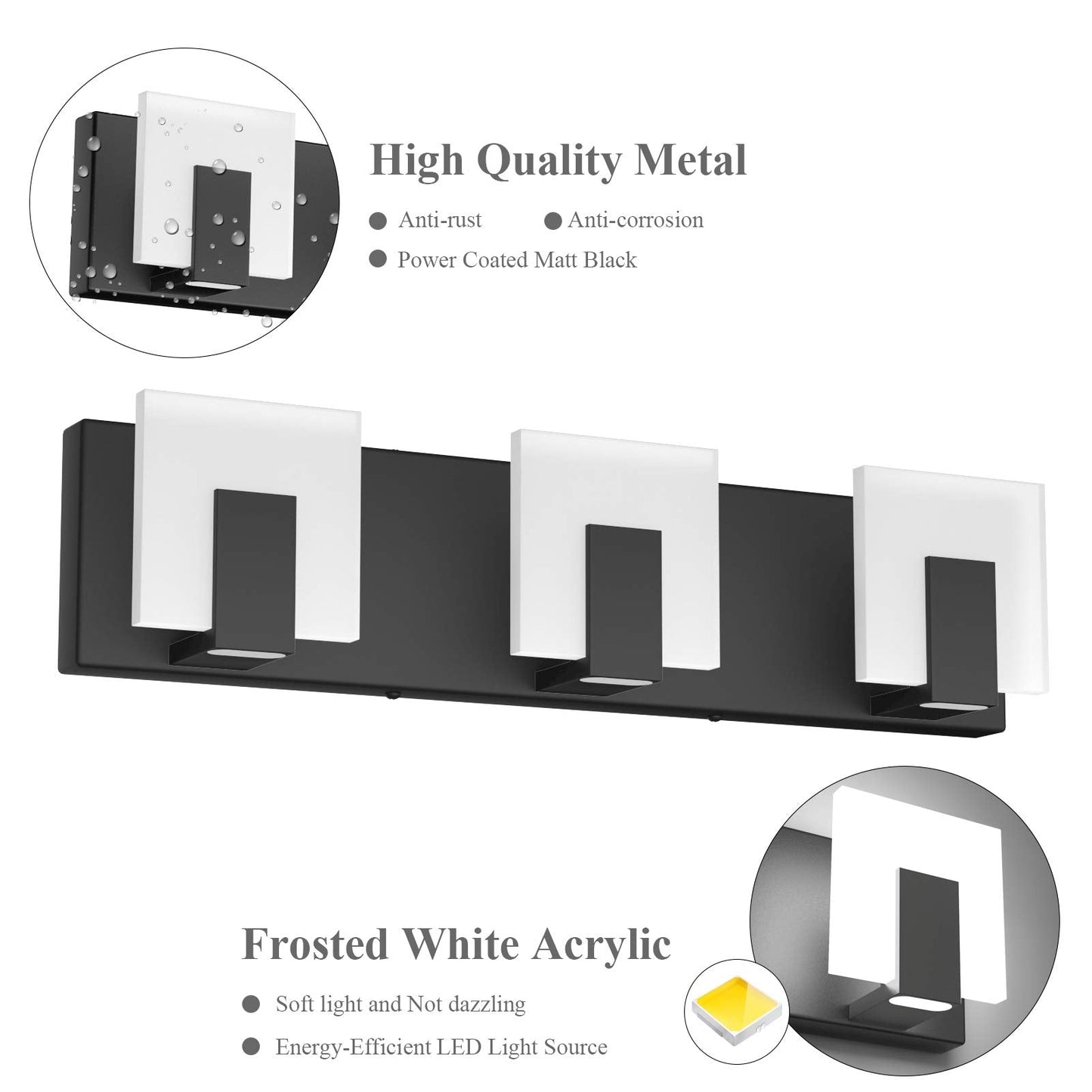 Aipsun Modern Black Led Vanity Light Fixture, 3 Lights, Aluminum, Model Gw-1105, Up And Down Design For Bathroom Over Mirror