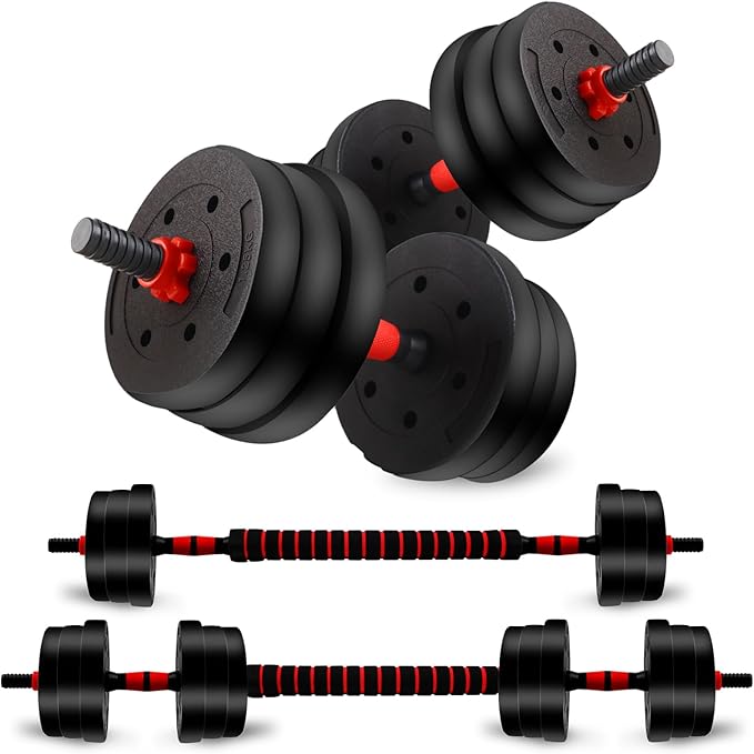 Adjustable Dumbbell Set, 40lbs Free Weights with Connector, Convertible Dumbbell Barbell Push-up Stand Set, 3 in 1 Home Gy...
