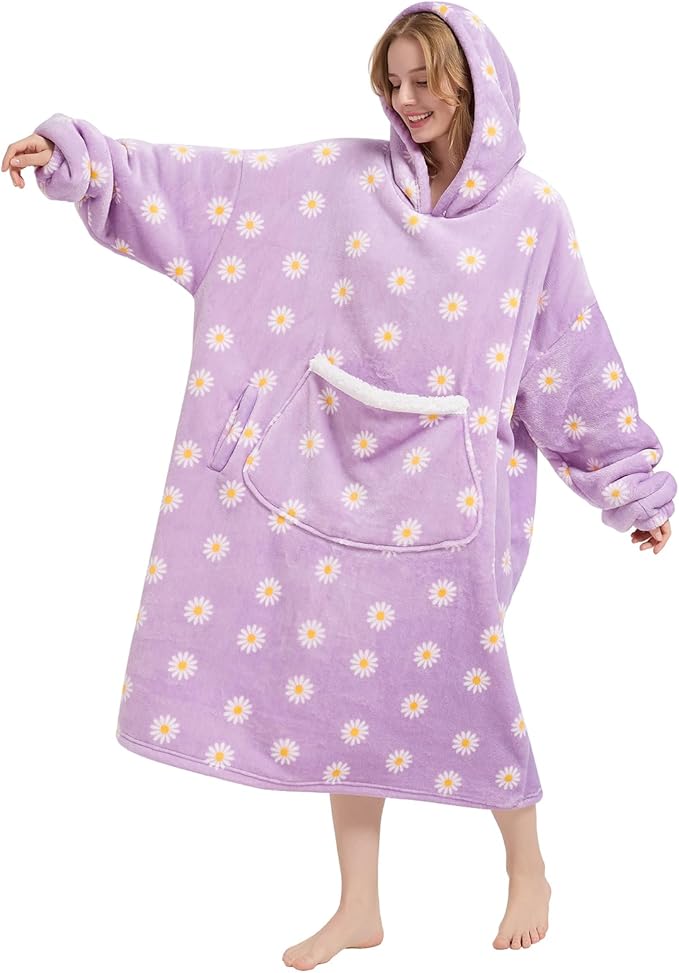 Wearable Blanket Gift for Women & Men Sherpa Flannel Blanket Hoodie Long Warm and Cozy Blanket with Giant Pocket，Daisy