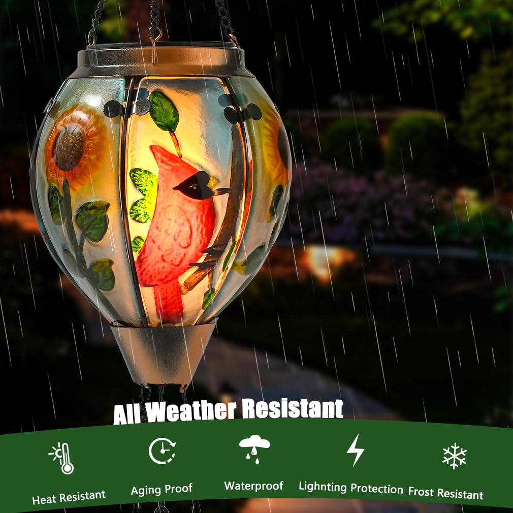 Hot Air Balloon Solar Lantern - Large Cardinal Bird Glass Lantern  Simulated Flickering & Dancing Flame  Big Outdoor Hanging Sunflower Yard Light Waterproof Ip65 For Patio Lawn Porch Decor Gift