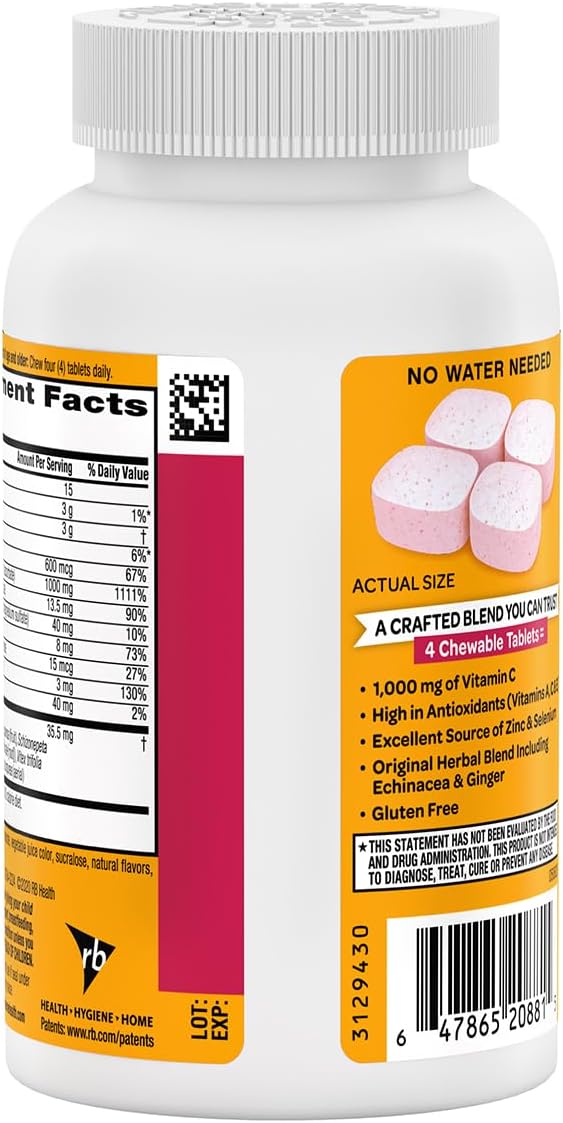 Airborne 1000mg Vitamin C + Zinc Immune Support Supplement Chewable Tablets, Very Berry Flavor with Powerful Antioxidants Vitamins A C & E, 116 Chewable Tablets (2 Pack)
