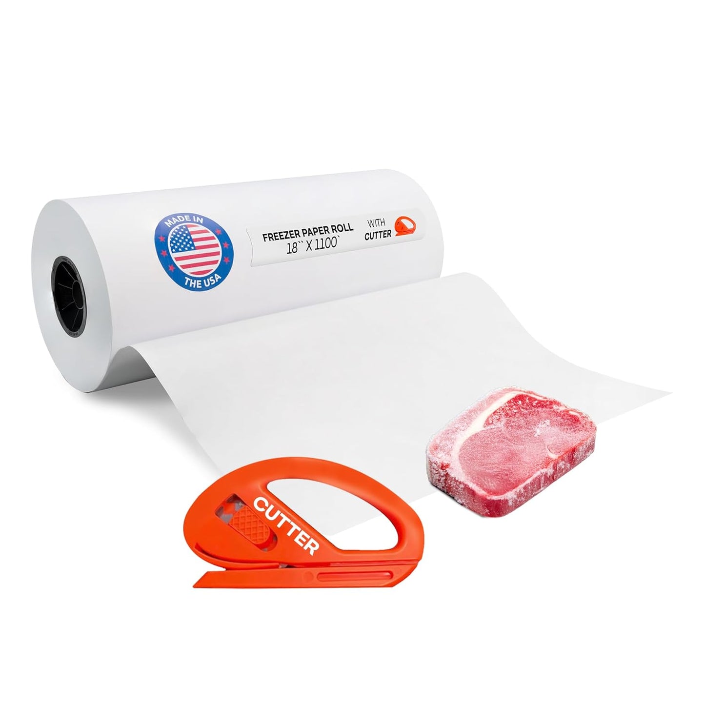 White Freezer Paper 18" x 13200" (1100 feet) with Cutter - USA-made Large Freezer Paper Roll for Meat & Fish - Poly-Coated Food Wrapping Material for Freezing by IDL Packaging