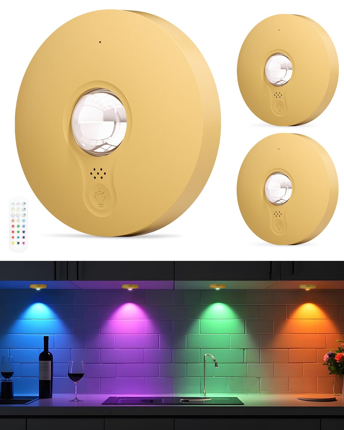 Aokpsrt Rechargeable RGB Puck Lights, Dimmable & Timer, 3 Packs, Gold, Battery Operated, Remote Control, Plastic
