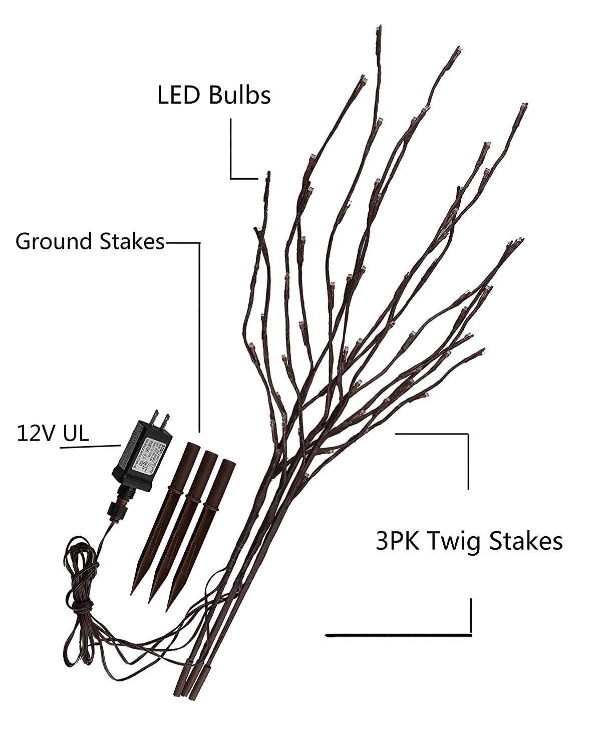 Vanthylit 3PK 30" Brown Lighted Twig Branches Pathway Light 60 LED Warm White Bulbs for Outdoor and Indoor