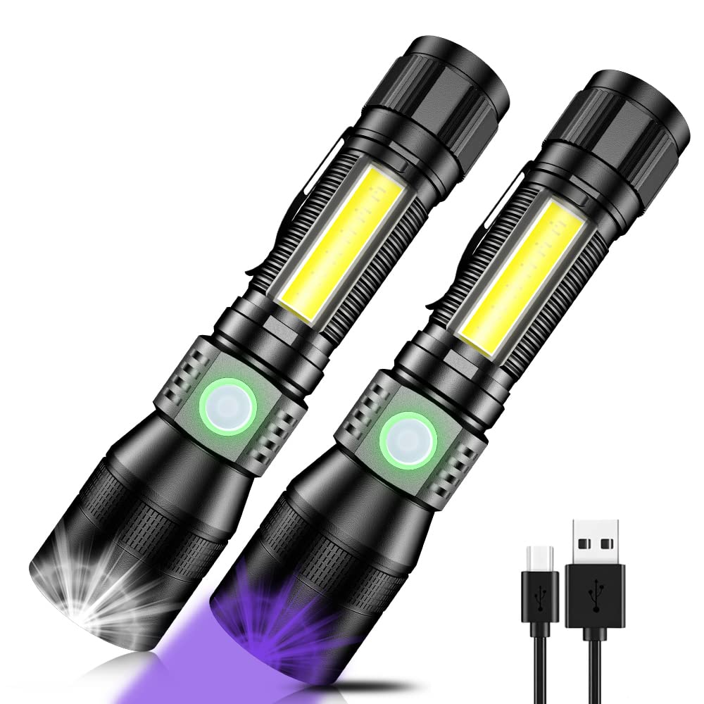 Spriak UV Flashlight Black Light, 2-Pack USB Rechargeable, 1000lm, Waterproof, 7 Modes, Zoomable, Aluminum, 2-Pack