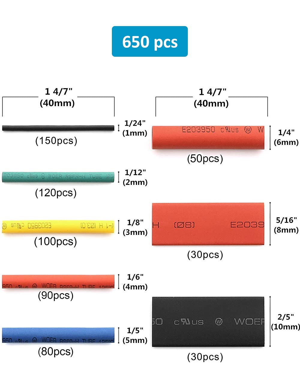 innhom 650pcs Heat Shrink Tubing Heat Shrink Tube Wire Shrink Wrap Shrinkage Ratio 2:1 Electrical Cable Wire Kit Set Long Lasting Insulation Protection