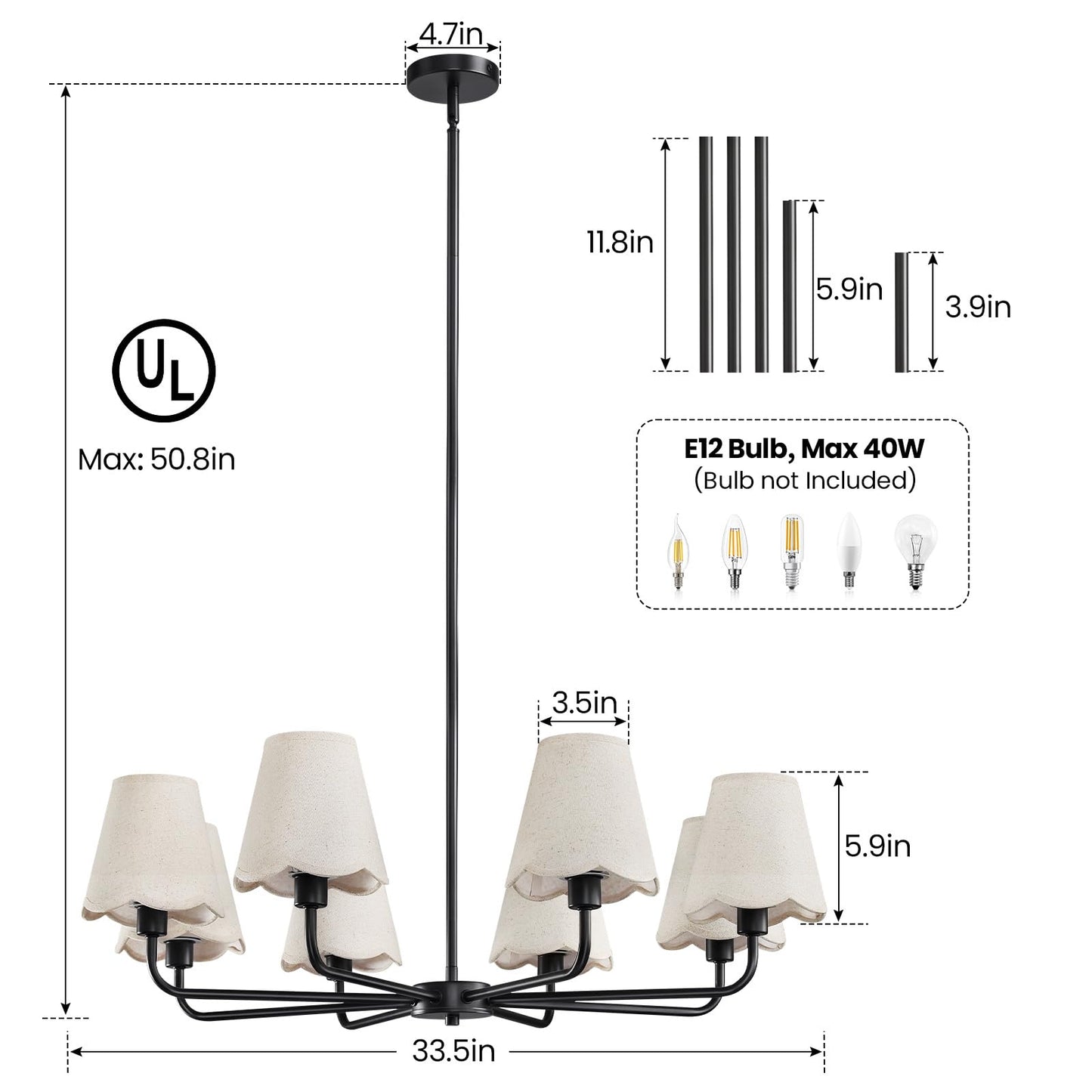 Kaisite Black Chandelier For Dining Room - 8-Light Farmhouse Dining Room Light Fixture Over Table Industrial Kitchen Lighting Fixture Ceiling Hanging Chandelier For Bedroom Living Room Foyer Entryway