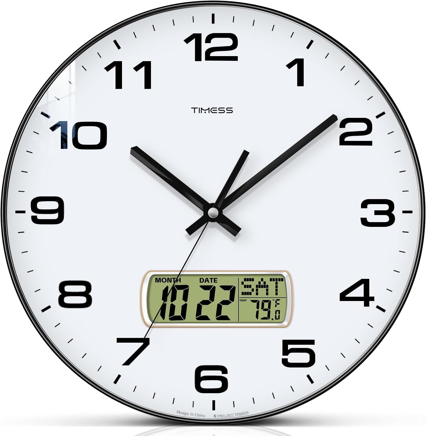 Wall Clock, 13" Dial Non-Ticking Silent Battery Operated Analog with LCD Display for Perpetual Calendar and F° Temperature, Ideal Modern Home, Bedroom, Kitchen, Office Decor(Black)
