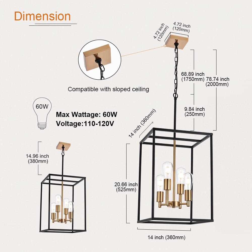 VINLUZ Retro Chandelier 4 Light Metal Square Cage Pendant Lighting Black & Brass Finish for Dining Room & Kitchen Island 270-4BB