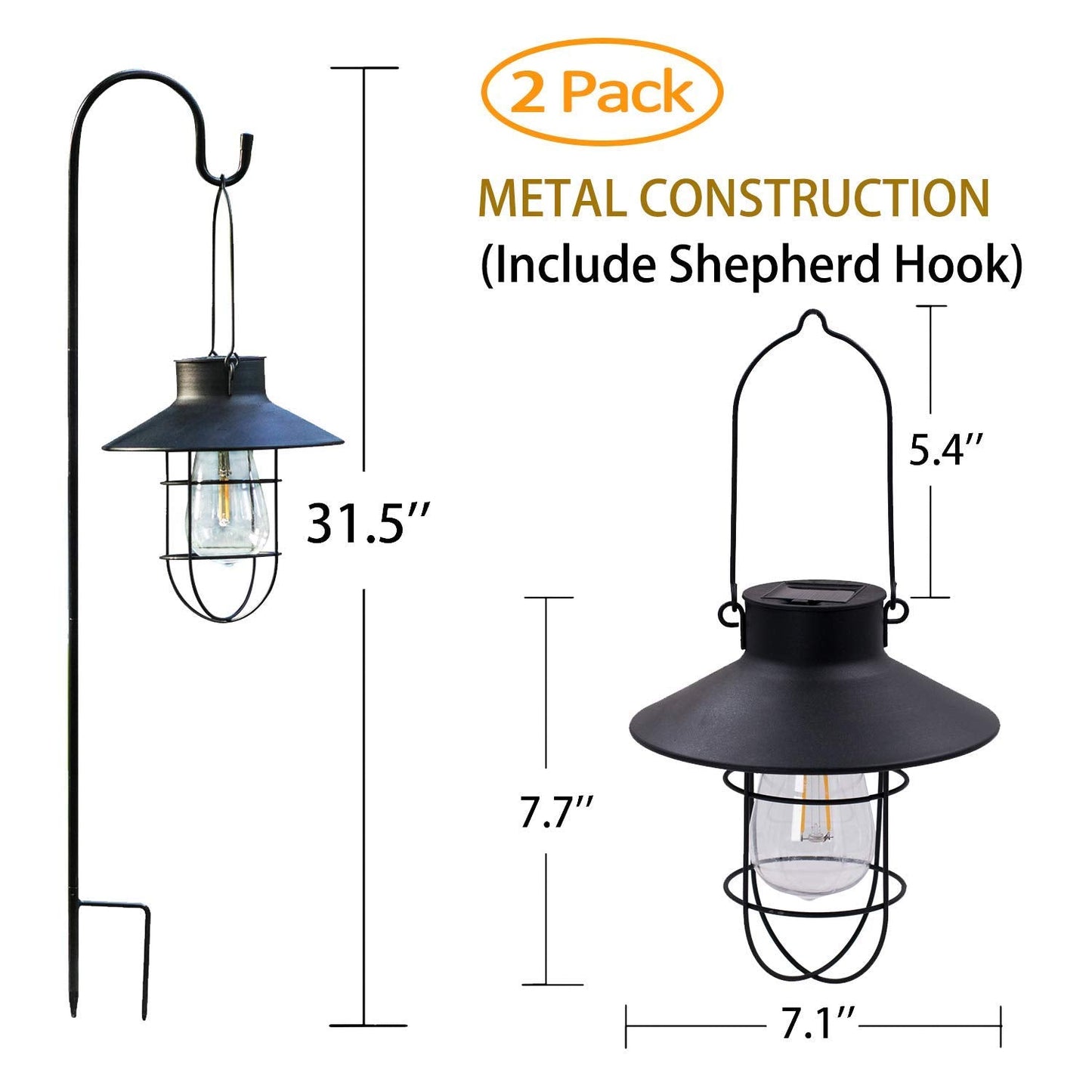 EKQ 2 Pack Hanging Solar Lanterns with Shepherd Hook, Waterproof Edison Bulb Lights, Black