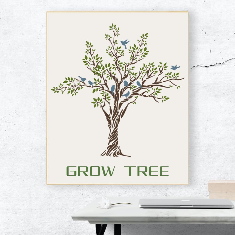 MAYJOYDIY 3pcs Large Tree Bird Branch Stencils 30.8×30.8inch Splice Size Bird On Tree Branch Template with Paint Brush 11.8×11.8inch Stencil Size for Wood DIY Wall Floor Decor Supplies
