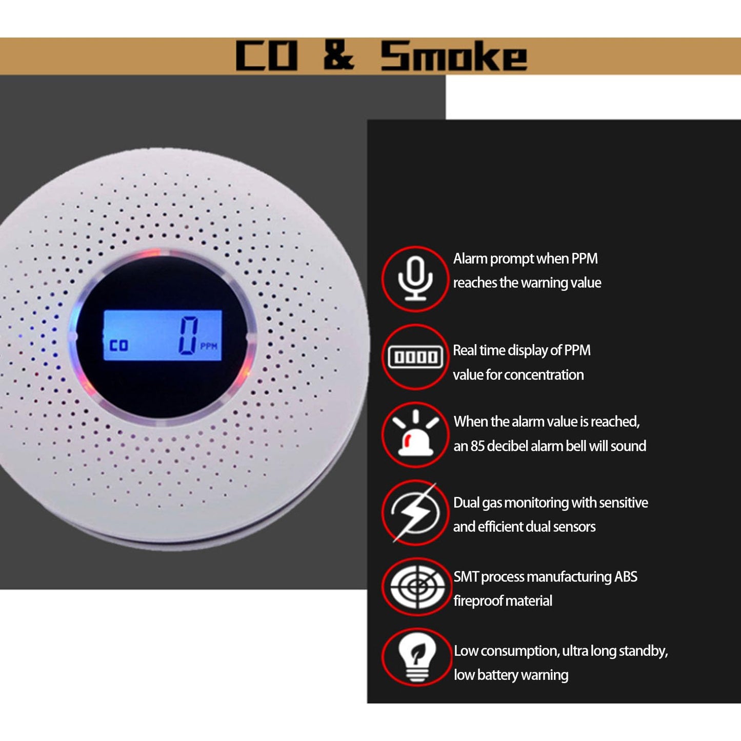 Exhaust Alarm with Visual LCD Display Double Transducer Detection Structure Loud 85dB for Indoor Observing Battery Propelled Exhaust Together