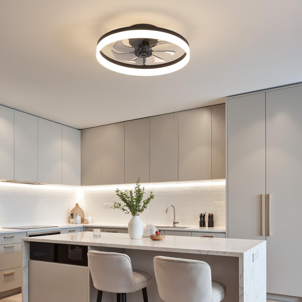 Pusu 15.8 Low Profile Led Ceiling Fans With Light  Reversible Flush Mount With Remote And 6 Winds Speeds Fan Lighting  3 Colors Dimmable For Bedroom  Garage  Kids  Dinning Room  Kitchen (Black)