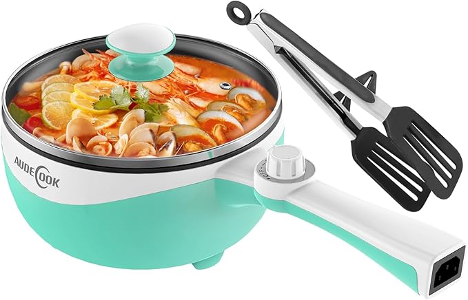 Audecook Hot Pot Electric, 1.7L Mini Electric Skillet Portable Nonstick Sauté Pan with Power Adjustment, Ramen Cooker Travel Multicooker for Steak/Soup/Egg/Oatmeal/Noodles (Tongs for Cooking Included)