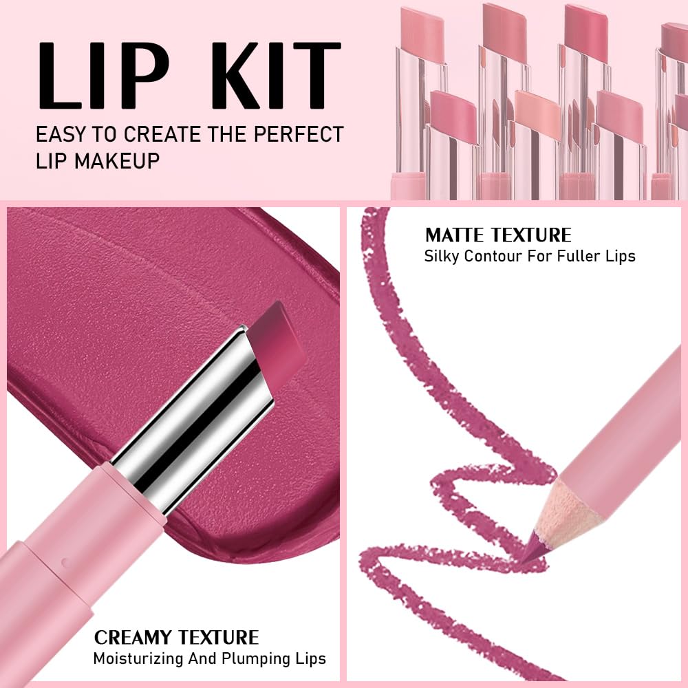 6Pcs Rose Red Dark Purple Matte Lip Liner & Lipstick Combo Set,Lips Kit with Lip Liner Lip Stains Long Lasting Waterproof Smudge