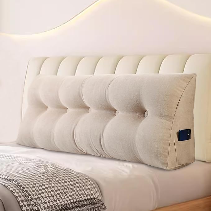 Large Triangular Headboard Pillows Long Backrest Positioning Support Bolster Cushion for Daybed Fluffy Quality Plush Body Wedge Pillow with Removable Cover(Beige-King-76x8x20in)