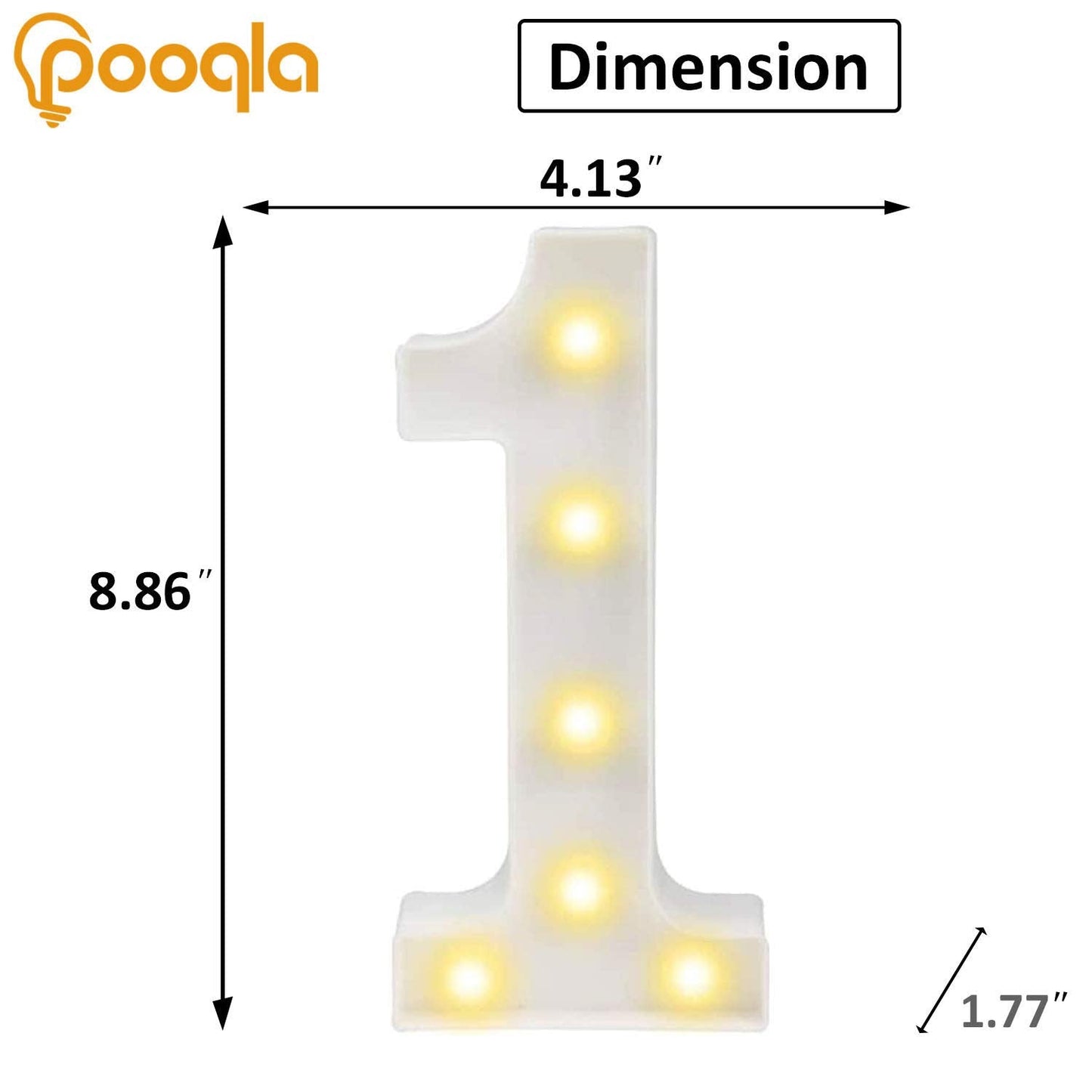 Pooqla Decorative LED Light Up Number Sign, Battery Operated, Plastic Marquee Number 1, White