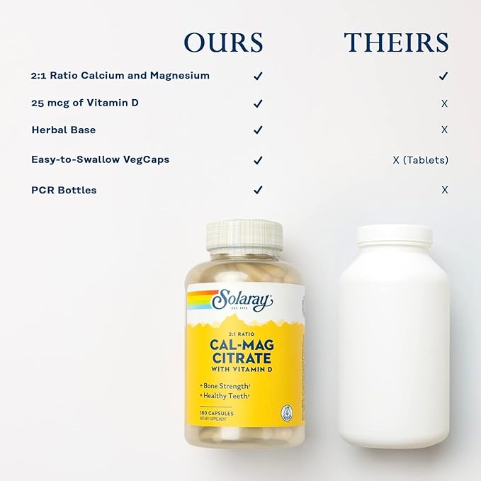 SOLARAY Calcium & Magnesium Citrate 2:1 Ratio w/Vitamin D-3, Healthy Bones, Muscle & Nervous System Support, High Absorption 180 Capsules